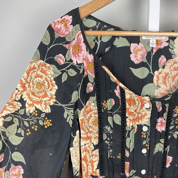 Patrons of Peace Boho Top Womens S Black Floral Crop Peplum Festival Blouse - Picture 3 of 6